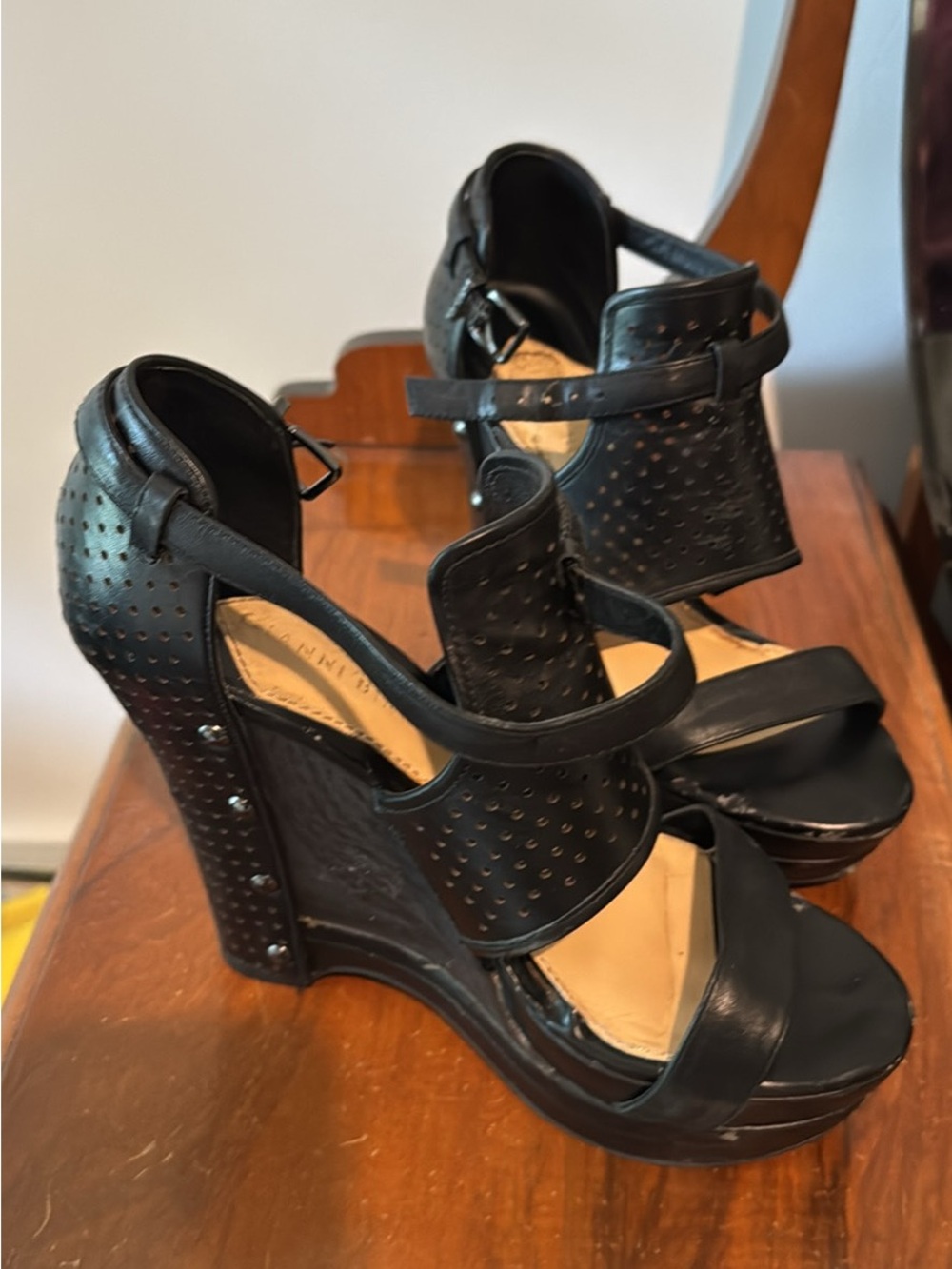 Gianni Bini Black Perforated Ankle-Strap Platform Wedges